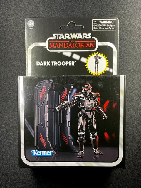 Star Wars The Vintage Collection Dark Trooper Deluxe 3.75-inch action figure from The Mandalorian with Imperial storage locker in Kenner packaging.